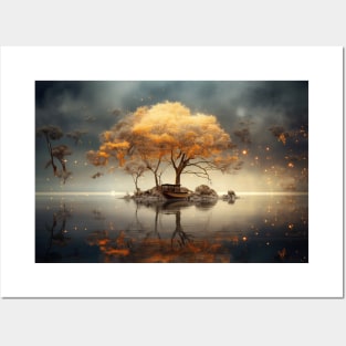 Tree In Calm Lake Serene Landscape Posters and Art